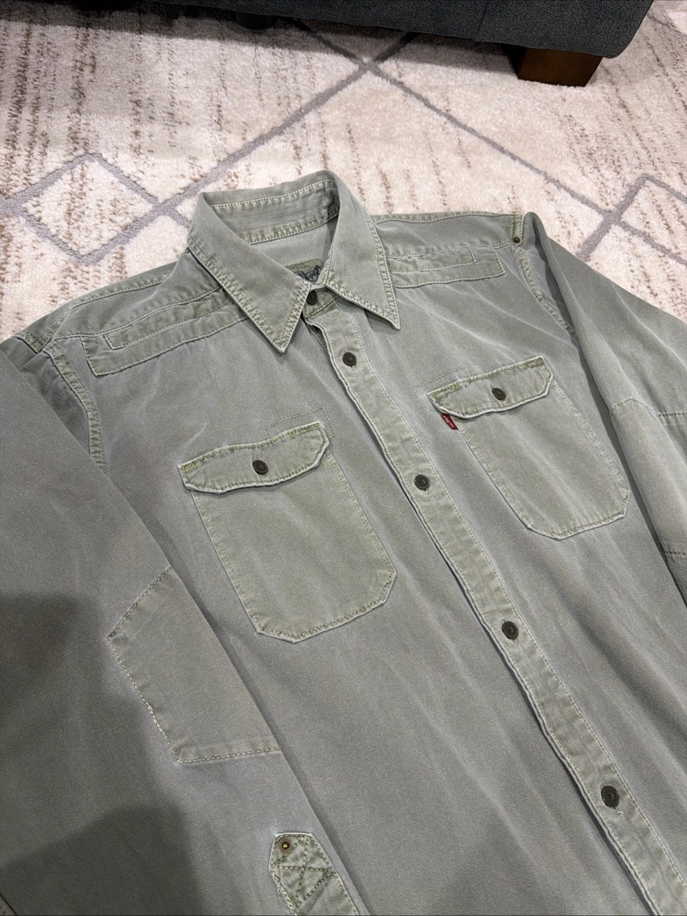 Vintage 90s Levi's Green Canvas Button Down Shirt Green Two Horse Tag Size Large